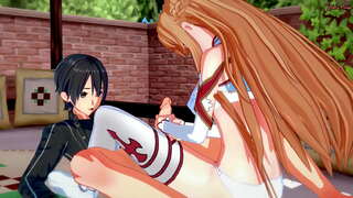 Kirito får en blowjob fra Asuna, så knuller henne hardt på sengen.